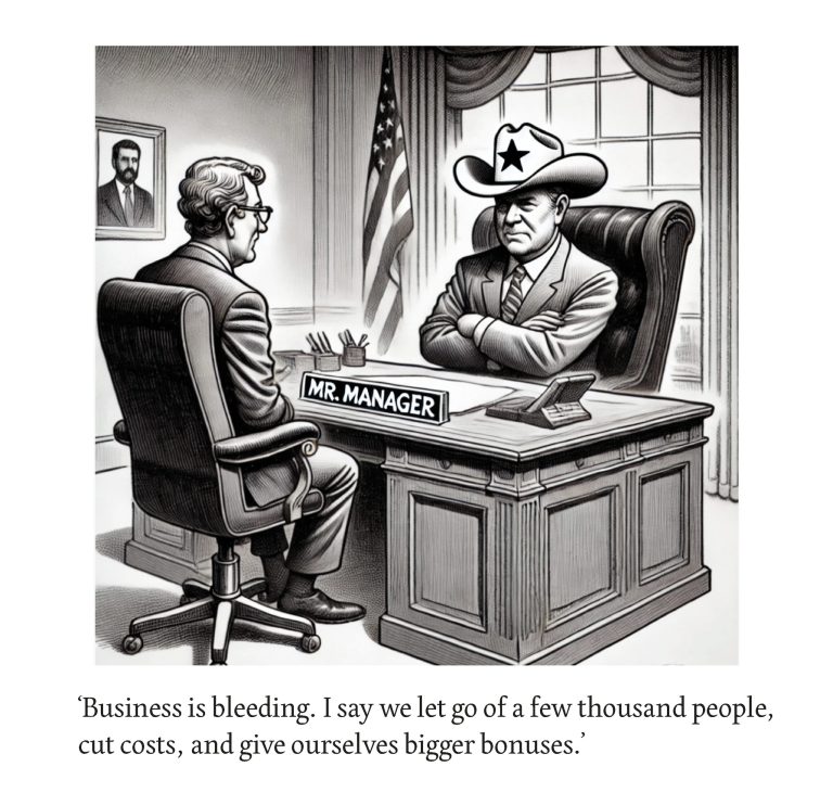 NYT style cartoon showing company boss and a manager discussing a company crisis solution