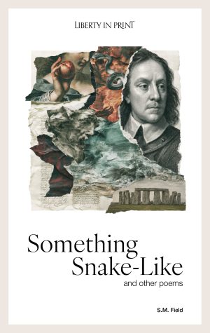 Cover of the poetry volume Something-Snake Like depicting a snake, a hand holding an apple, Oliver Cromwell's face, stormy sea, a stone circle.